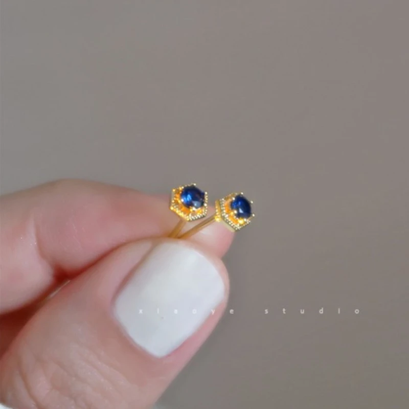 VOQ Silver Color Korean Blue Zircon Geometric Small Stud Earrings for Women 14k Gold Plated Simple Chic Jewelry Jewelry