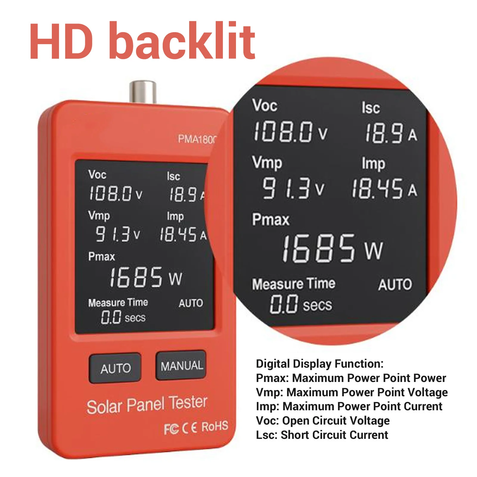 Photovoltaic Panel Multimeter Backlit HD LCD Display Multi Safety MPPT Test Solar PV Panel Tester Photovoltaic Panel Multimeter