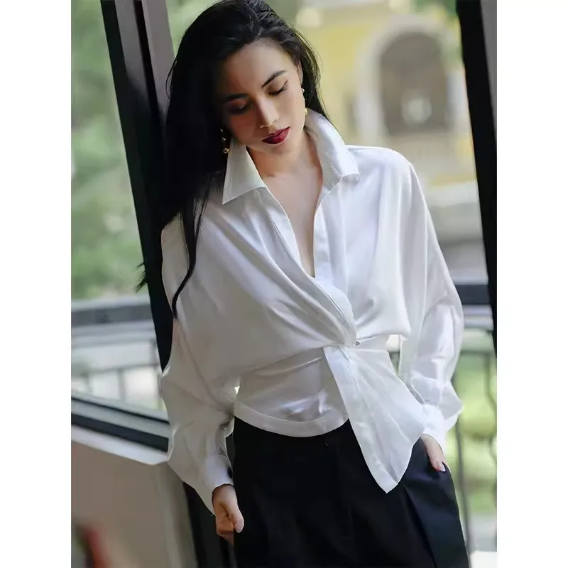 Women Fashion Shirt Pure White Button Up Twisted New Design Elastic Waist Satin Luster Silk Smooth Long Sleeve Shirts Tops