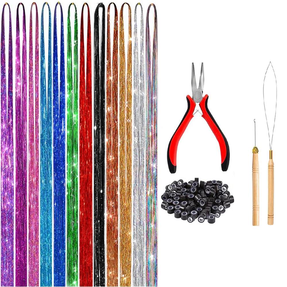 

Glitter Sparkling Shiny Braiding Hair Strands Kit 12 Colors With 100Pcs Micro Silicone Rings Bead Device Tool Kits For Women