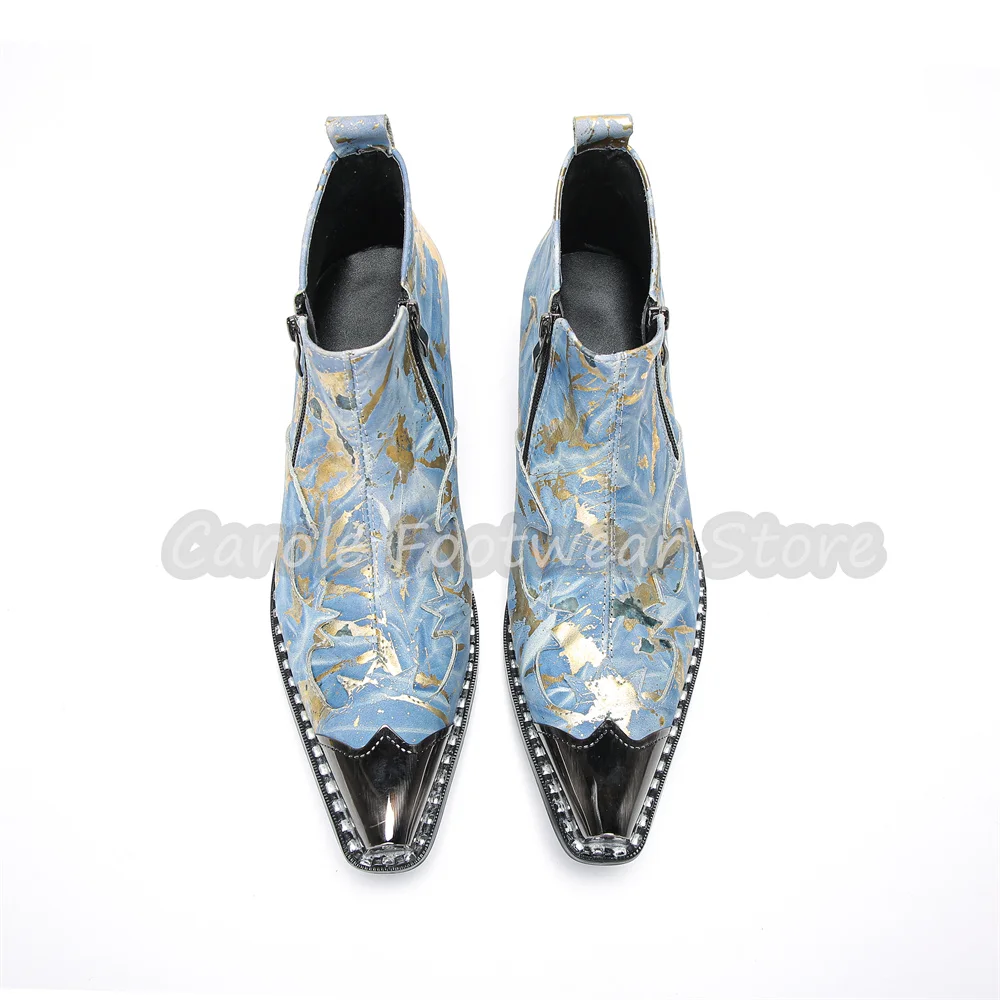 Luxury Gold Foil Print Male Genuine Leather Short Boots Metal Pointed Toe Side Zipper Western Cowboy Boots Wedding Daily Shoes view 4