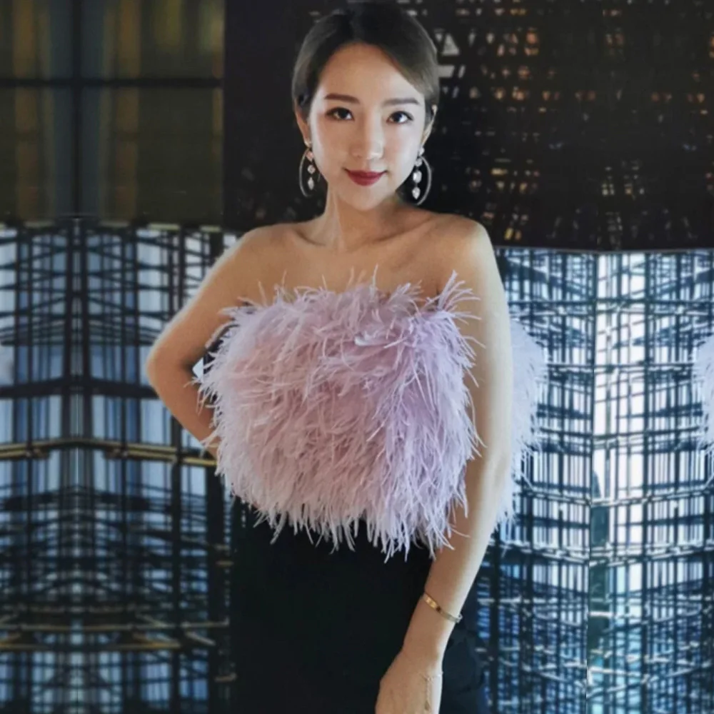 

customized women's adult girl group stage style ostrich feather fishbone suspender feather strapless suspender tight chest wrap