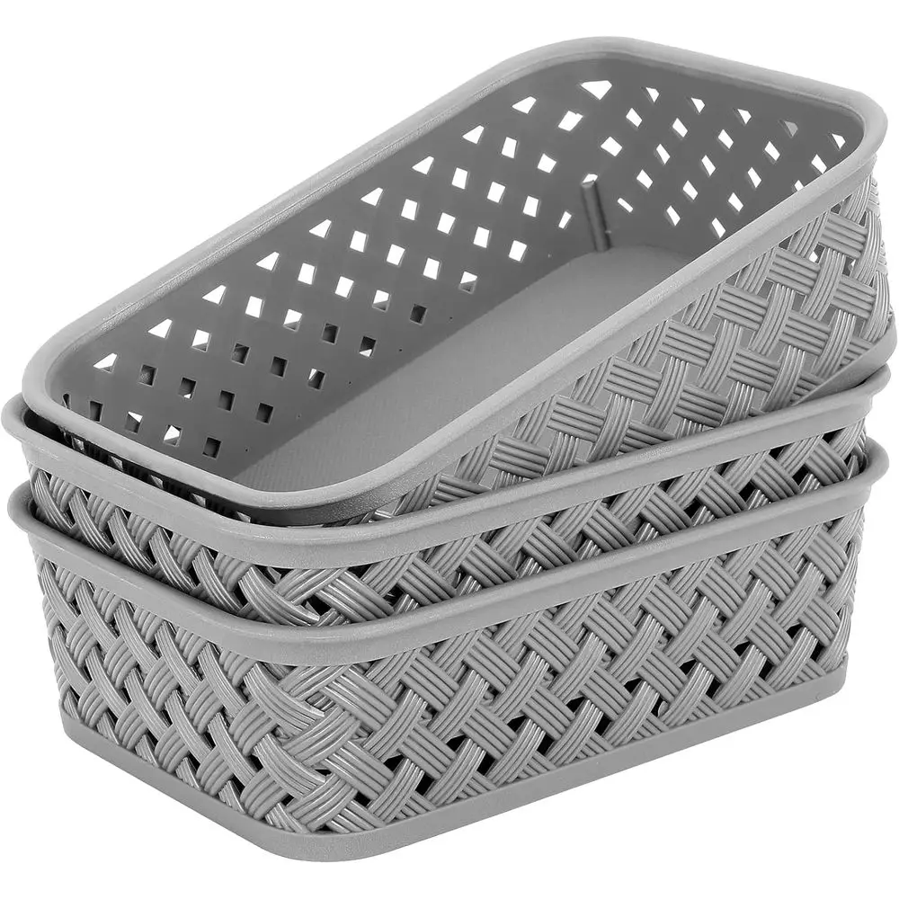 3-Pack Plastic Storage Bins, Woven Basket Organizers, Grey Baskets for Home and Office, Compact Size