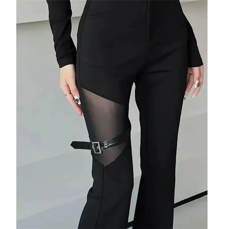 Sexy Black Pants Women Mesh patchwork Micro-Flared Pants Loose Korean Fashion Harajuku Woman High waist Trousers Female Clothing