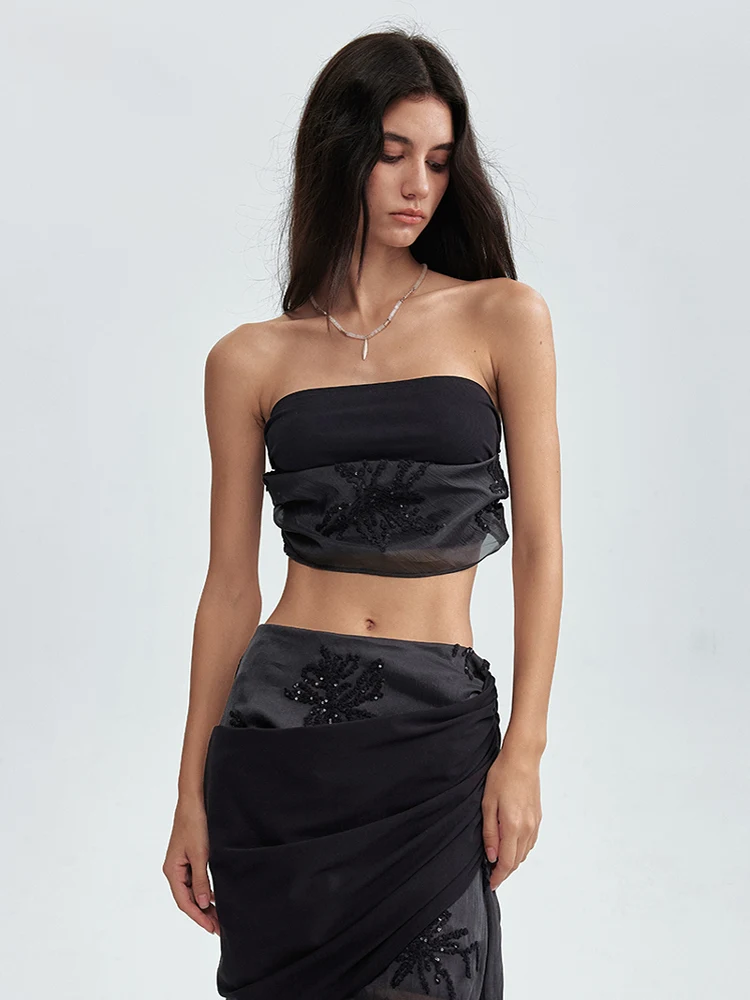 

Bla Текстурированная вышивка Блестящие блестки Вязаный лоскутный укороченный топ женский цветной топ-бюстье оригинального дизайна