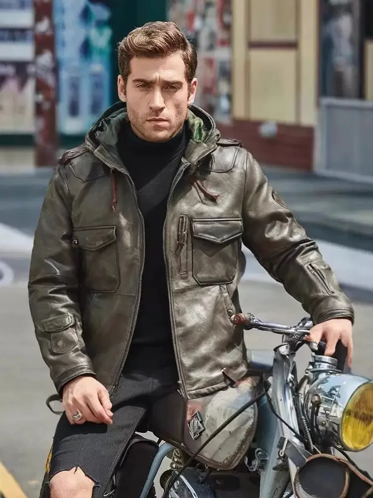 Army Green Autumn Hood Leather Jacket Men Retro Safari Style Plus Size 5XL Natural Sheepskin Slim Fit Genuine Leather Coat