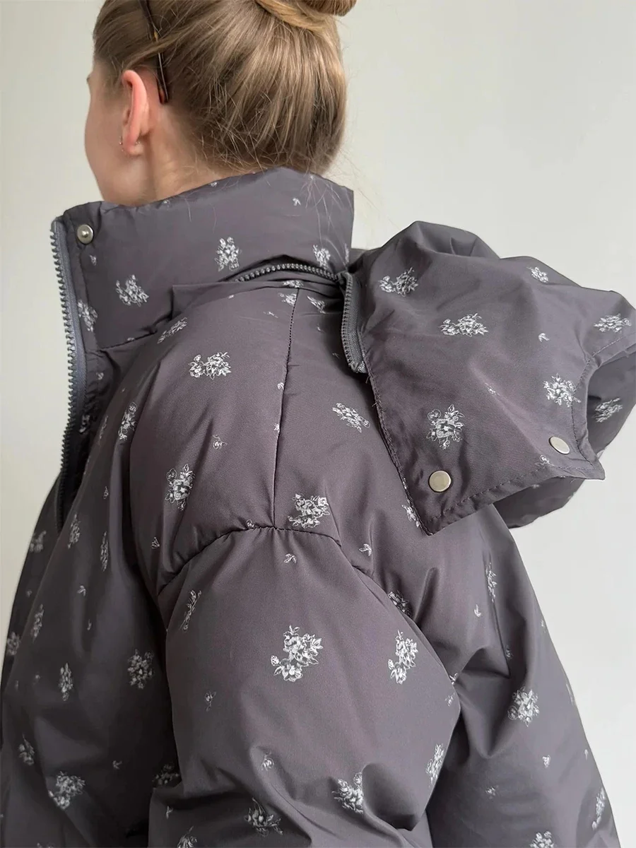 Wolfeel 2026 Winter New Flower Bread Cotton Jacket Warm and Fashionable Drawstring Design Loose Medium Length Fashion Jacket