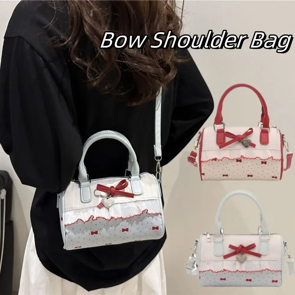

All-Match Polka Dot Boston Handbag Waterproof Single Shoulder Crossbody Bowling Bag Korean Style Bow Small Square Bag Daily
