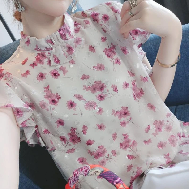 Blusas elegantes para mujer, camisa rosa de manga corta con cuello redondo, estampado Floral, retales, Tops informales elegantes 2023