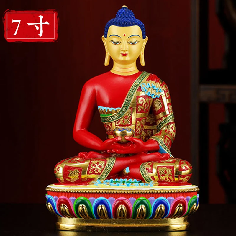 Asia high grade colored draw Good Buddha statue bless family Safety Healthy luck Painted Amitabha Sakyamuni God