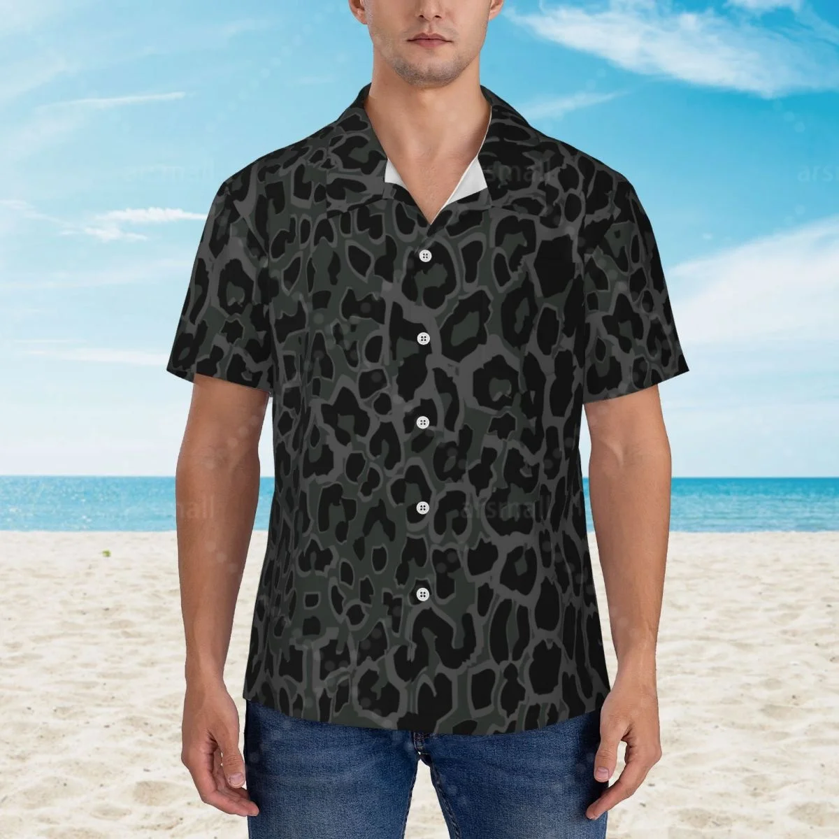 

Black Leopard Print｠ Hawaiian Shirt Men Short Sleeve Casual Floral Print Beach Shirt Summer Vacation Shirt
