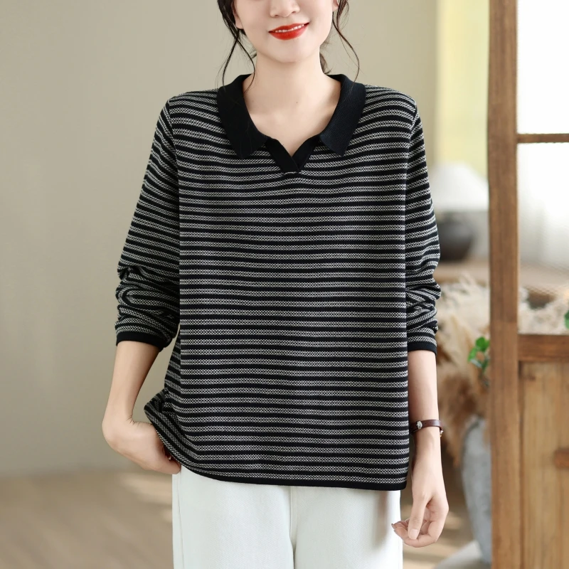 YZJNH 2026 autumn new sweater women's lapel striped long sleeved knitted sweater top Korean version loose plus size sweater wome