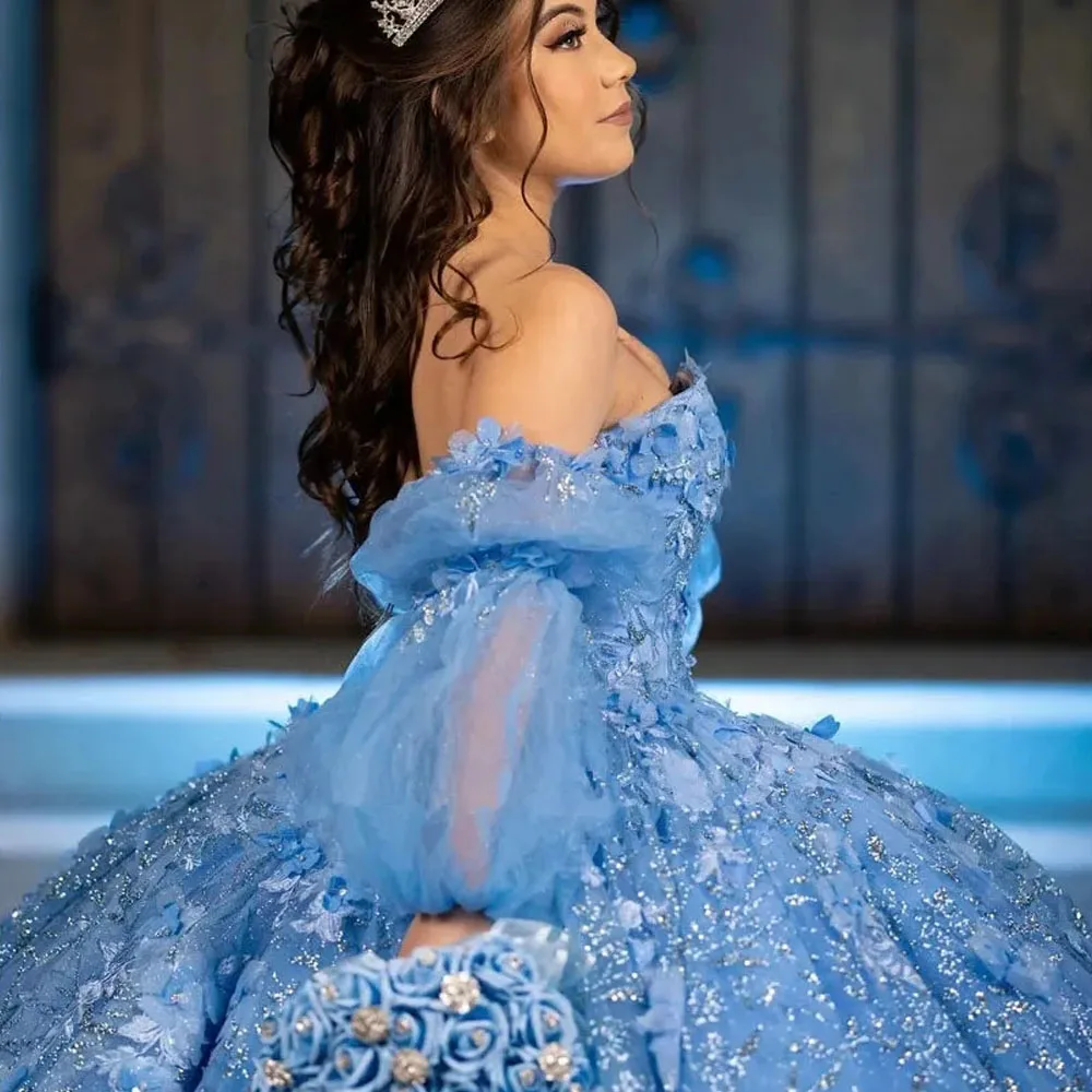 Vestidos de Quinceañera de cristal de manga larga azul, vestido de baile de lentejuelas Glittler, vestido de baile de 15 años sin hombros, flores 3D, vestido de Graduación