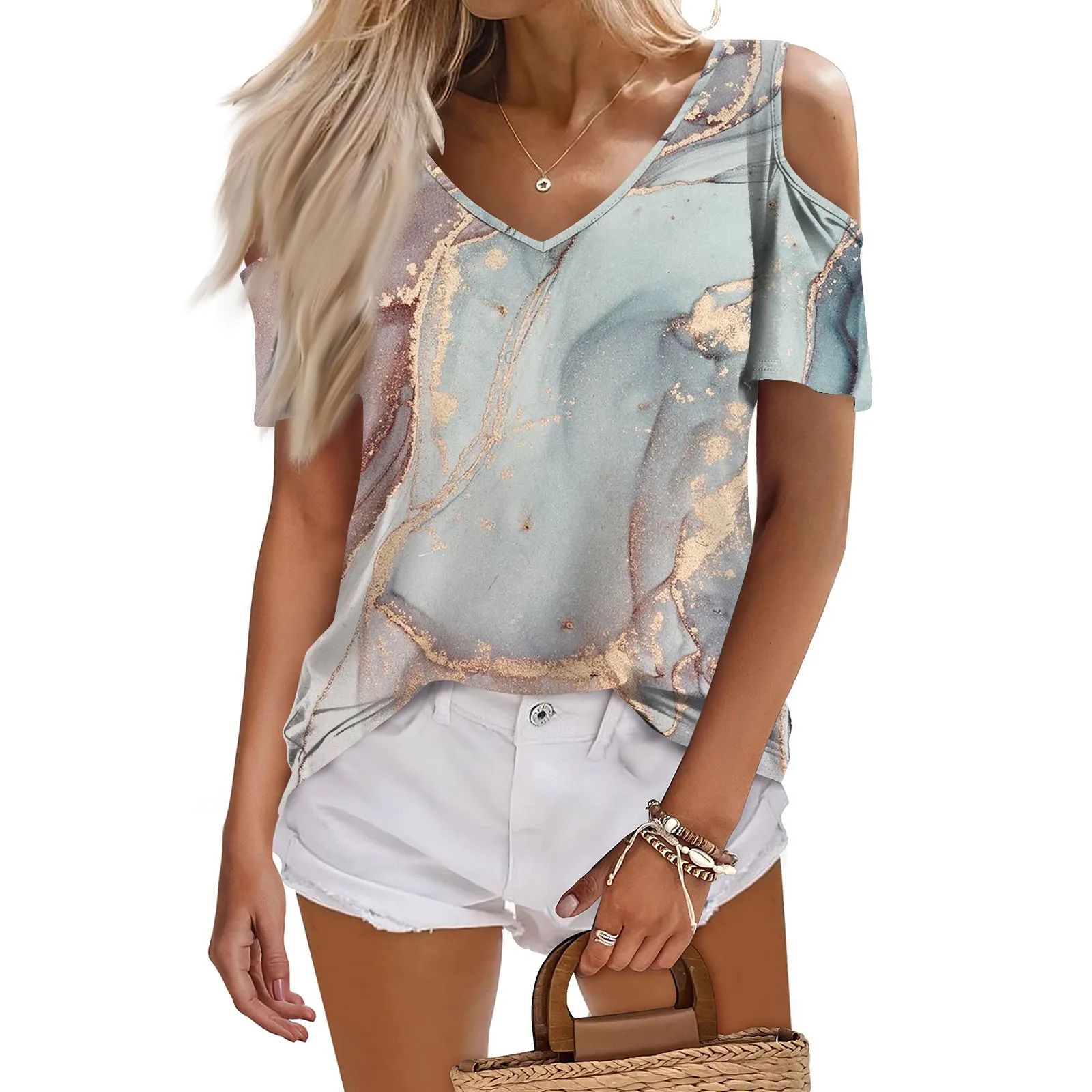 

Ladies Summer New Sweatshirts Fashion Casual Printed Strapless V-Neck Short Sleeve T-Shirt Off Shoulder Top 2024 Pullover Camisa