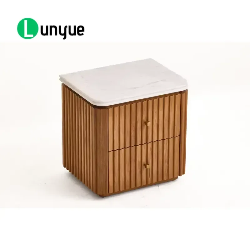 Solid Wood Oak Bedside Table Modern Minimalist Nightstand with Marble Top for Bedroom Living Room Storage Furniture Durable