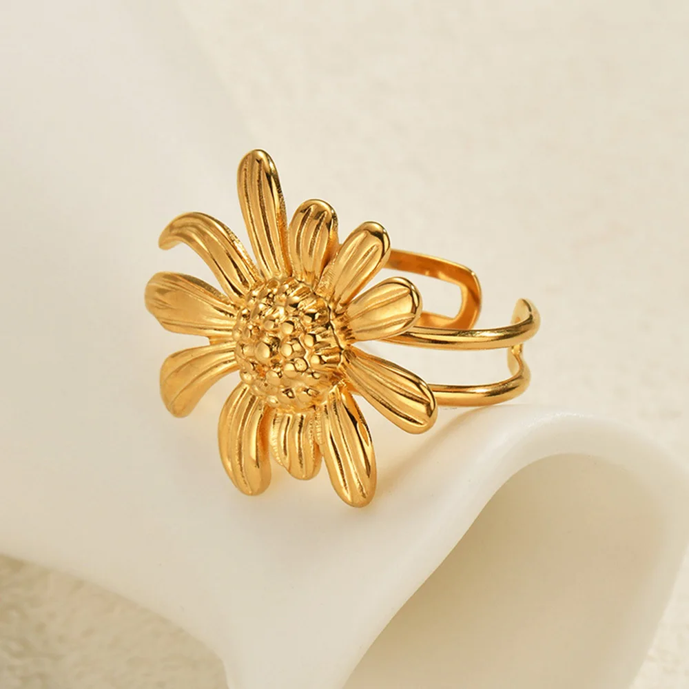 New Trendy Stainless Steel Gold Plated Waterproof Flower Earrings Ring Set for Women Fashion Charm Hypoallergenic Jewelry Gifts