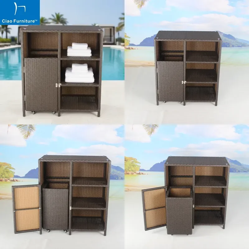 2026 Commercial Hotel Outdoor Garden Resort Pool Side Brown Wicker Rattan Towel Storage Cabinet Furniture