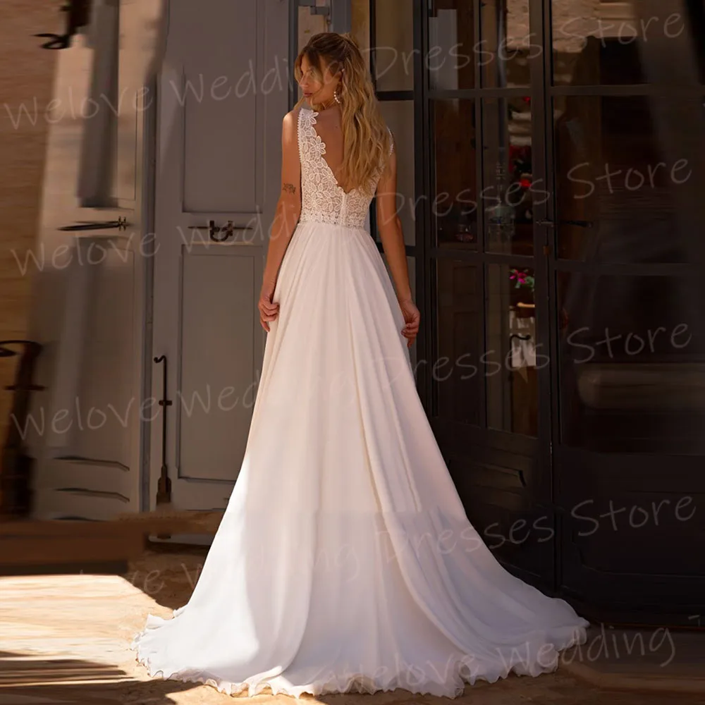

Elegant A Line Women's Wedding Dresses V Neck Vestidos De Novia Sleeveless Customized Bride Gowns Lace Appliques Vestidos Boda
