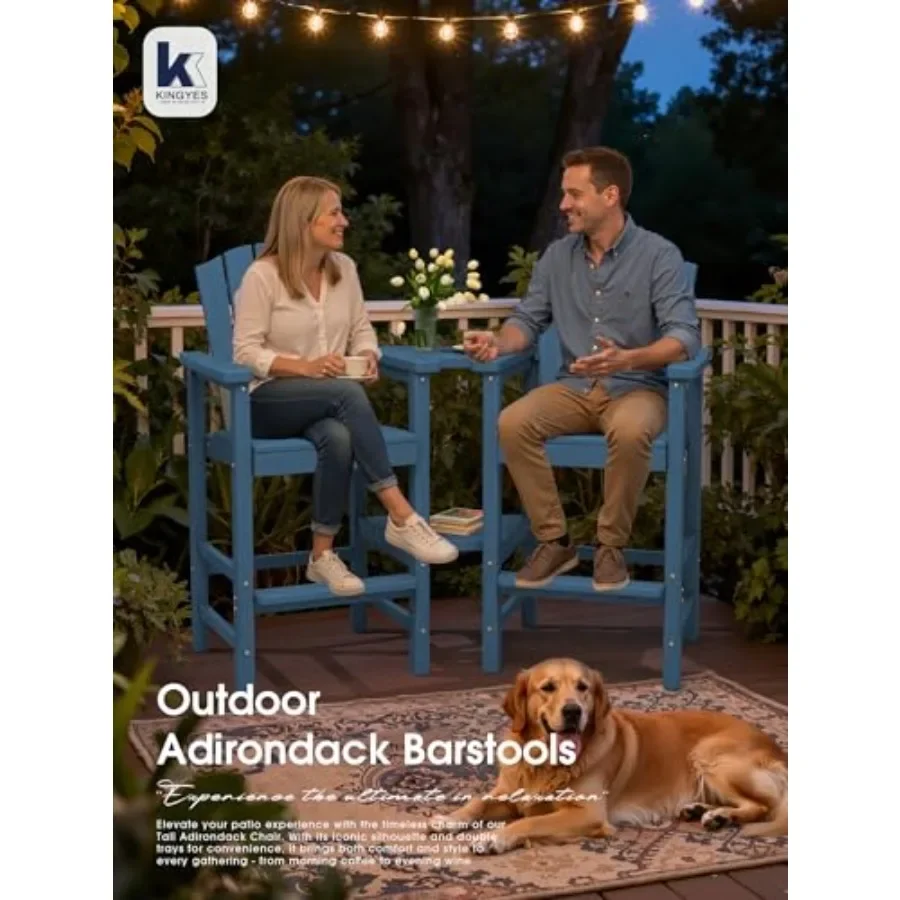 Tall Adirondack Chair with Double Connecting Trays for outdoor use, made of weather-resistant polywood in classic navy blue wit