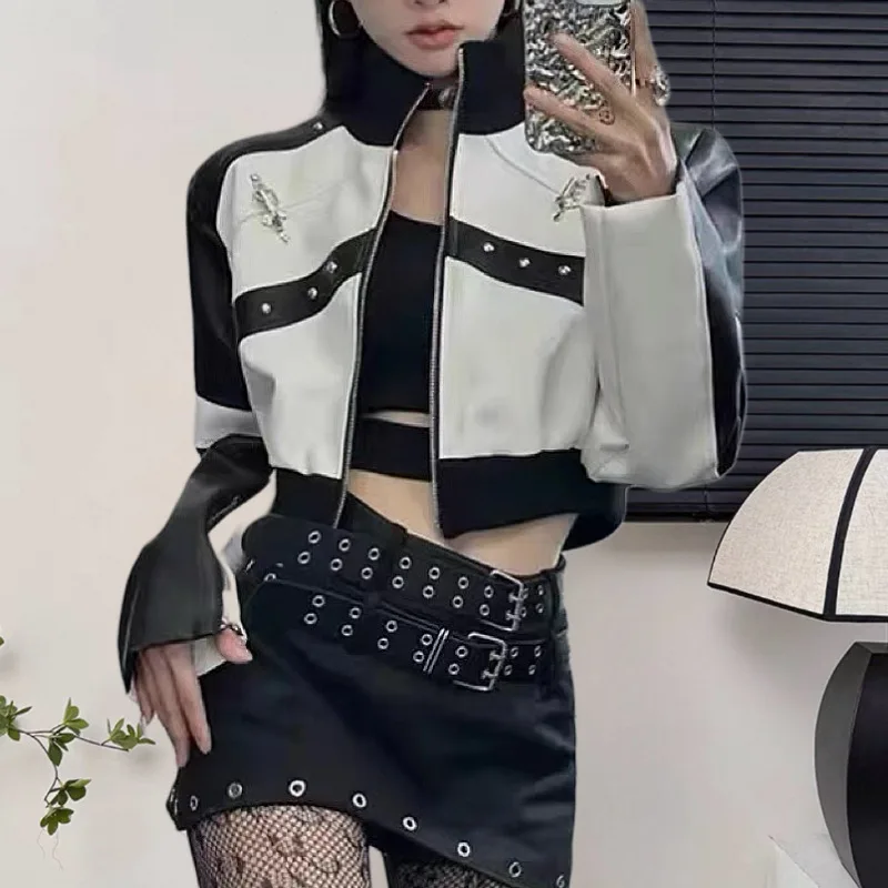 

Internet Celebrity Same Autumn New Hot Street Style Zipper Pocket Black And White Color Block Motorcycle Casual Jacket Coat