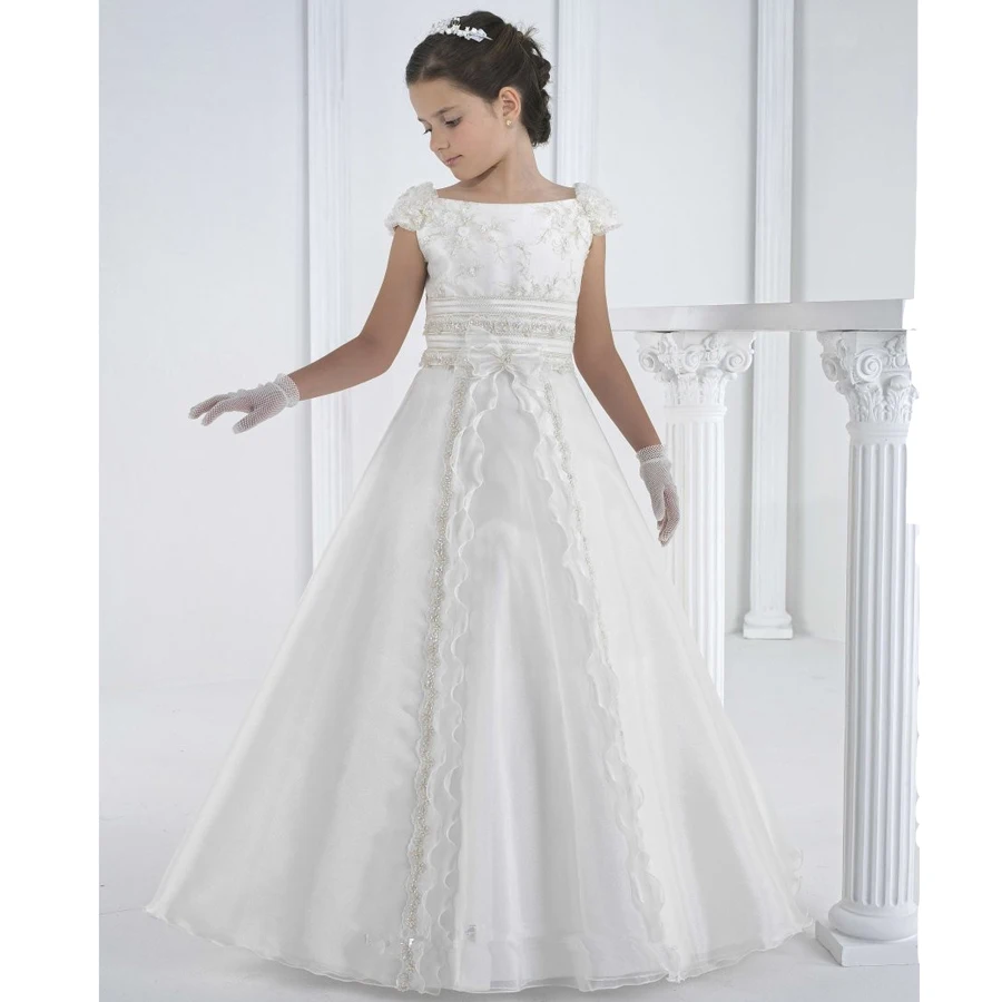 

White Flower Girl Dresses First Communion Dresses for Girls Beaded Applique Kids Evening Gowns