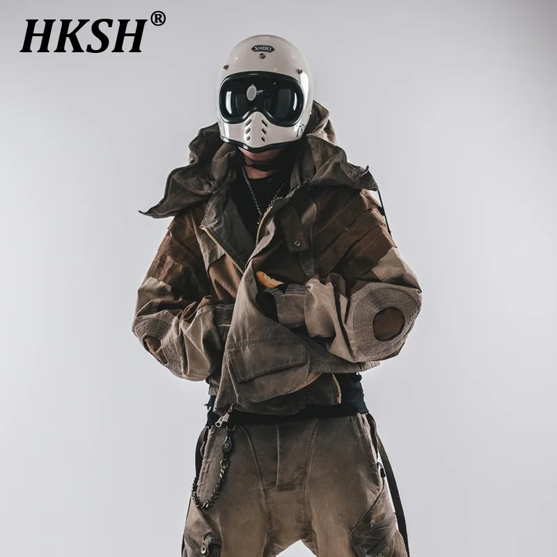 HKSH Autumn New Men's Hooded Distressed Patchwork Folded Waste Land Tactical Punk Techwear Shoulder Batwing Sleeve Jacket HK2392