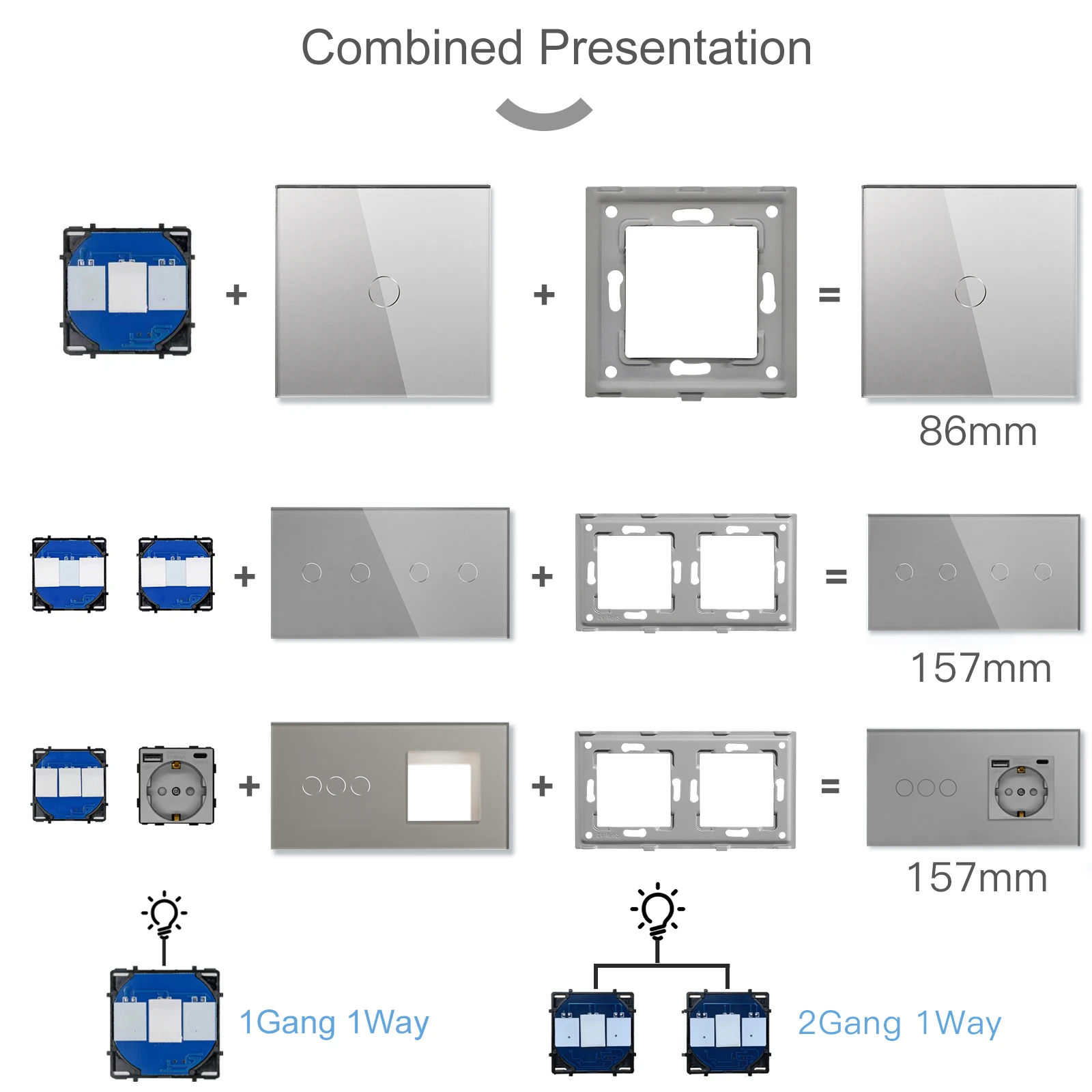 BSEED 1/2/3Gang WIFI Switch Module Parts EU Socket Plug Smart Stair Light Switch Insert APP Control Free Combination Glass Grey