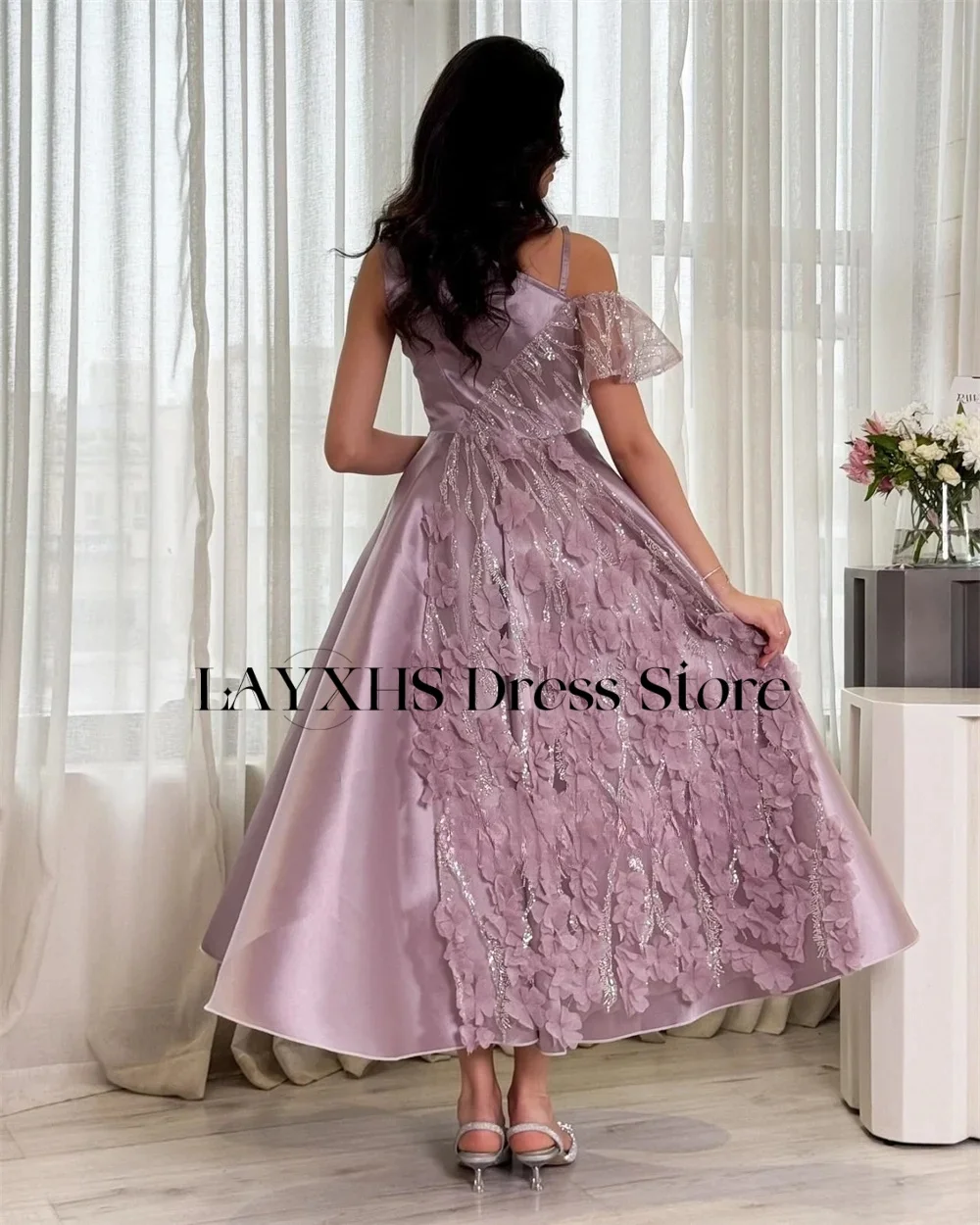LAYXHS Exquisites One-Shoulder-Abendkleid, A-Linie, Spitze, Blumen, Falten, bodenlang, Ballkleid, individuell gestaltet