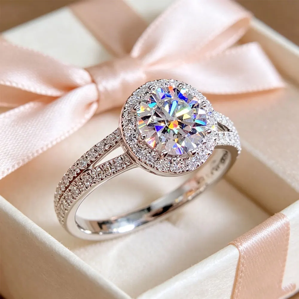 

925 Sterling Silver 2ct Round Cut Moissanite Engagement Ring Wedding Band for Women Bridal Promise Fine Jewelry Gift