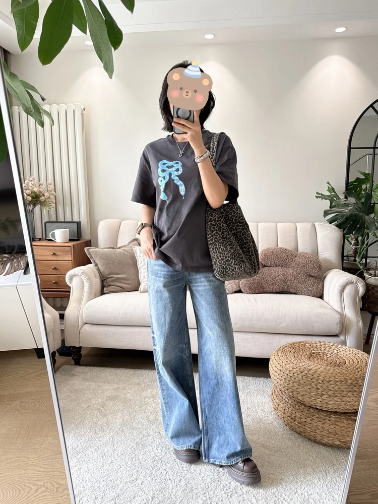 

YN Heavyweight CottonCE Vintage Faded Wide Leg Floor-Length Jeans Loose Fit High Waist Denim Pants Blue Color Spring Autumn