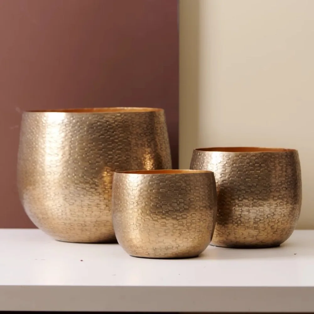 Metal Flowerpot Round Aluminum-gold Hammer Flowerpot Living Room Desktop Flower Arrangement Decorative Metal Flower Crafts