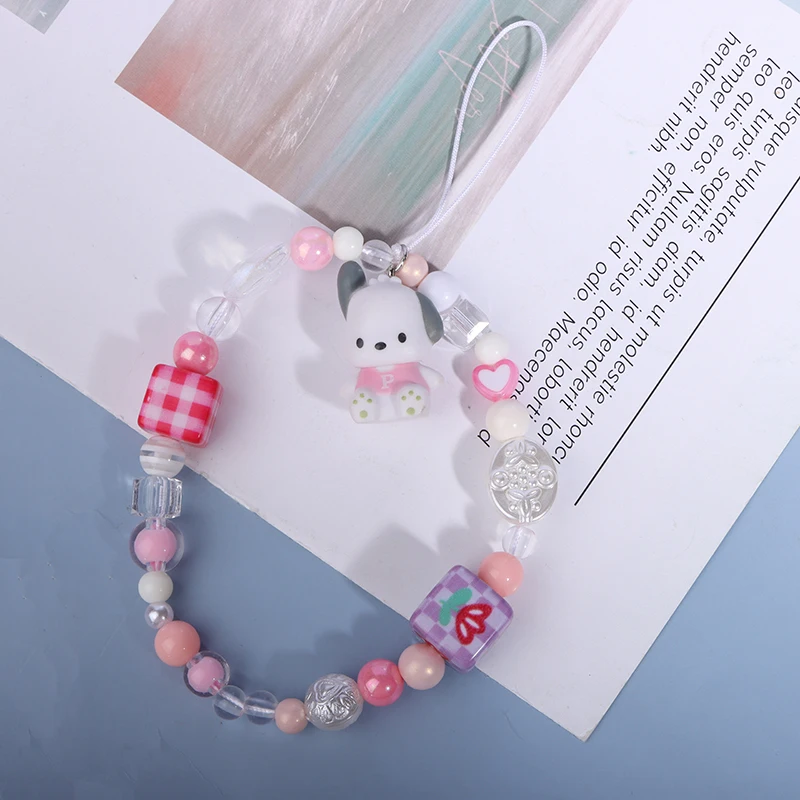 Kawaii Sanrio Pochacco Pink Flower Beaded Phone Chain Girl Cartoon Bracelet CCD Camera Chain Backpack Pendant Decoration Gifts