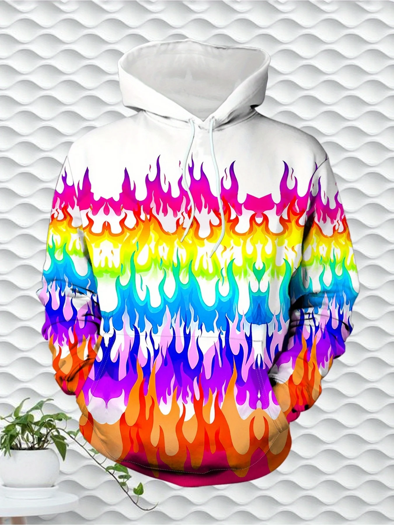 Men's Hoodie Thin Rainbow Flame Print Drawstring Long Sleeve Spring Autumn Casual Pullover Mens Clothing