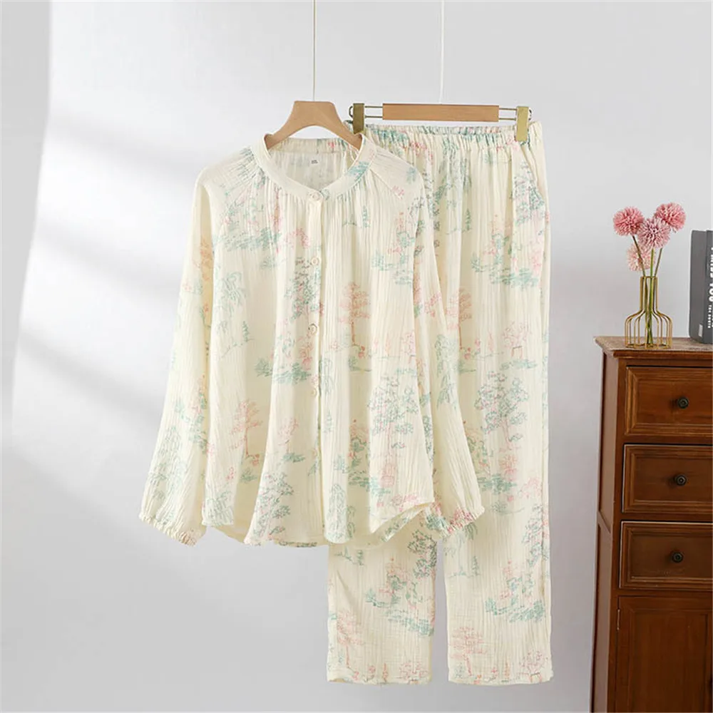 

Лето-Осенняя хлопковая домашняя одежда, свободная рубашка с длинными рукавами и цветочным принтом, брюки, женские пижамы