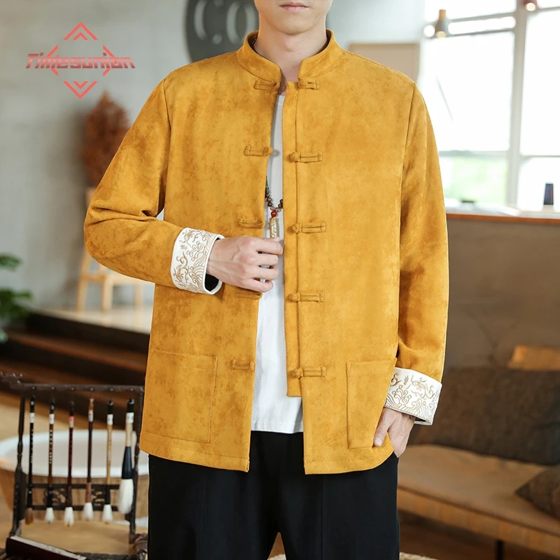 Chinese Style Autumn Winter Jackets for Men Suede Velvet Embroidered Vintage Tang Suit Coat Chinese Hanfu Traditional Clothing