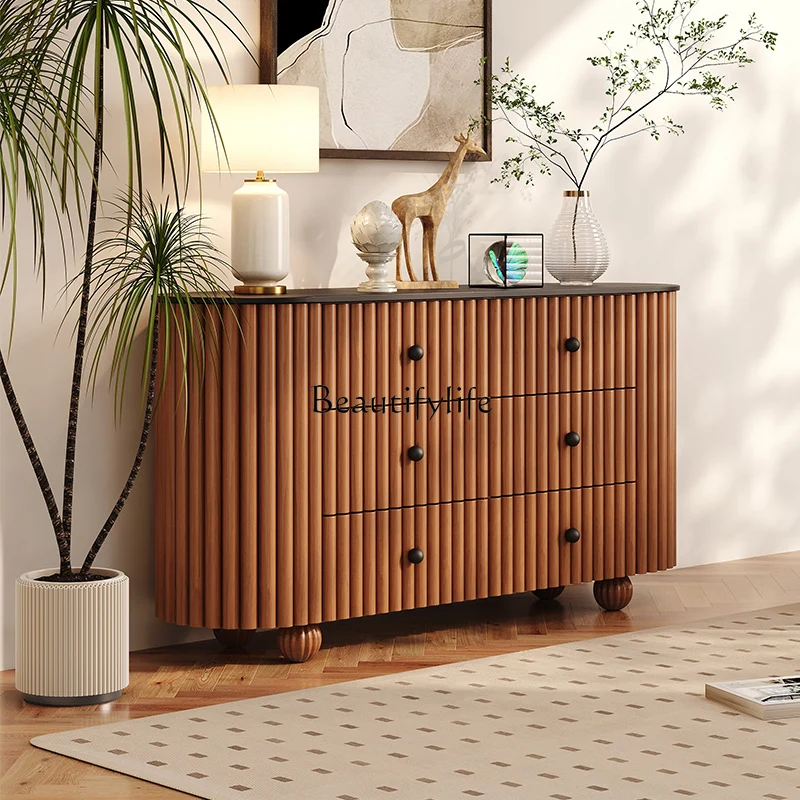 

French retro solid wood chest cabinet, living room rock slab decoration, medium antique door cabinet