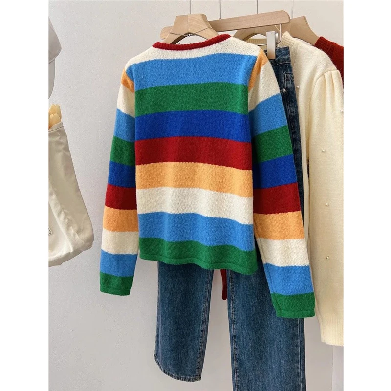 Autunno donna Trendy Vintage Rainbow Striped Chic Button Cardigan lavorato a maglia femminile Casual O collo manica lunga cappotto maglione Outewear