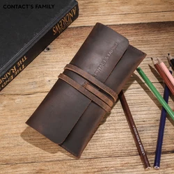 Handmade Crazy Horse Leather Roll Up Pencil Case Bag With Rope Wrap Retro Pen Pencil Holder Storage Pouch School Stationery