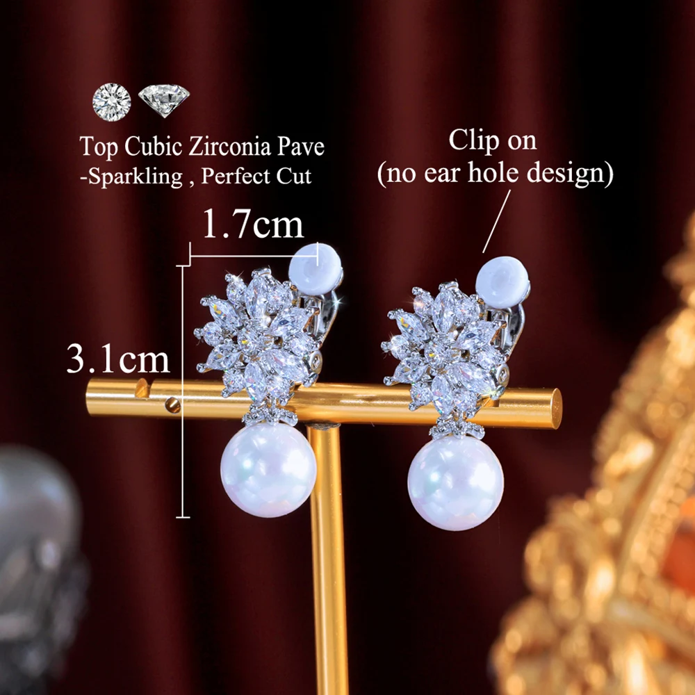 CWWZircons Elegant Cubic Zirconia Flower Pearl No Hole Earrings for Women Fashion Jewelry Ear Clip On Non Pierced Earring EJ0006