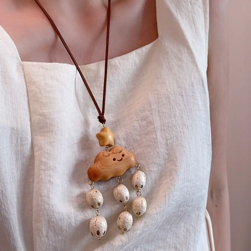 

Minar Kawail Natural Wood Smile Face Cliff Cypress Wooden Bodhi Tassel Pendant Necklaces for Women Long Adjustable Rope Chain