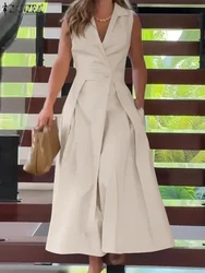 ZANZEA 2024 Fashion Women Sundress Summer Elegant Lapel Neck Sleeveless A-line Dress Stylish Solid Midi Party Vestido Sarafans