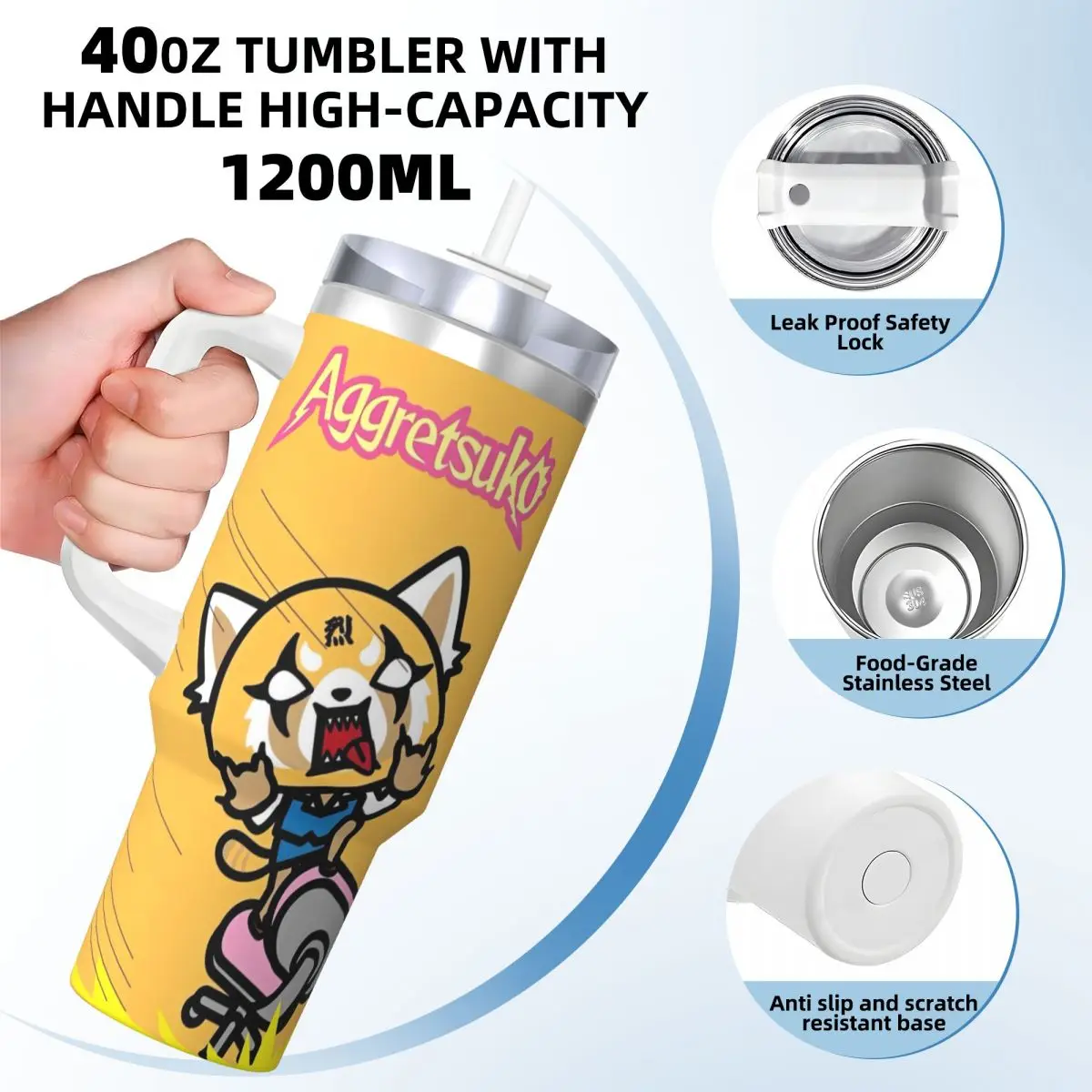 Stainless Steel Tumbler Sanrio Aggretsuko Mugs Cup With Straws Travelist Cold Drink Water Bottle Insulated 40oz Coffee Mug