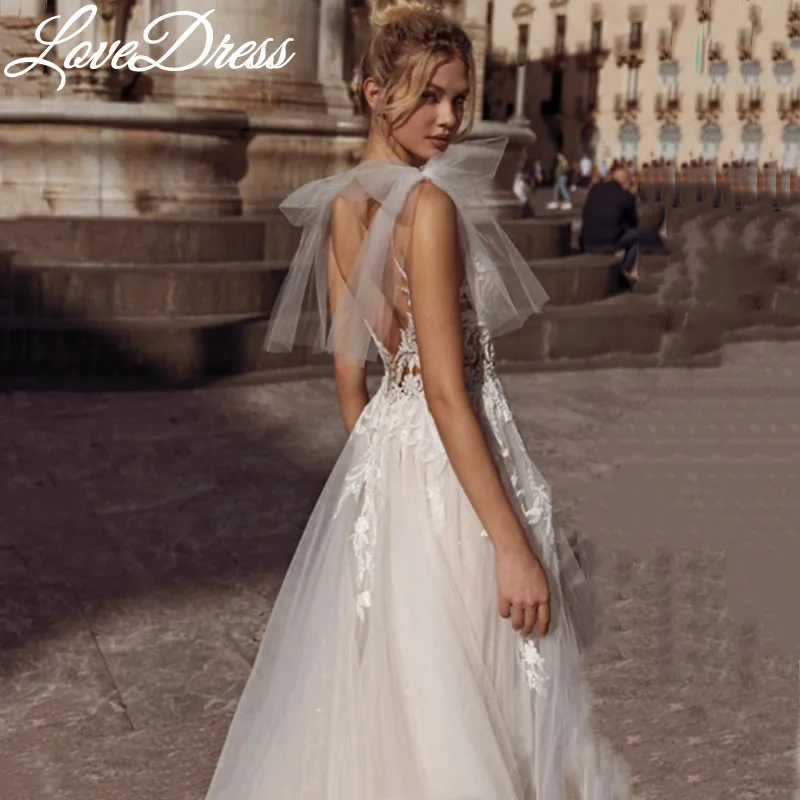 LoveDress-A خط الدانتيل زين فساتين الزفاف ، الأشرطة السباغيتي ، مثير الخامس الرقبة فساتين العروس ، عارية الذراعين ، سستة ، القطار