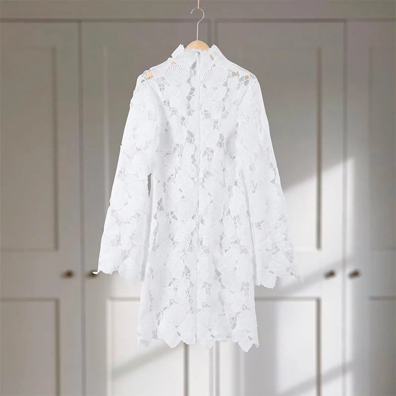 2026 Sommer Herbst Elegantes Gehäkeltes Hohl-Muster Mini-Kleid Damen Strand Stehkragen Volle Glockenärmel Party Abendkleider Neu – Detail 4