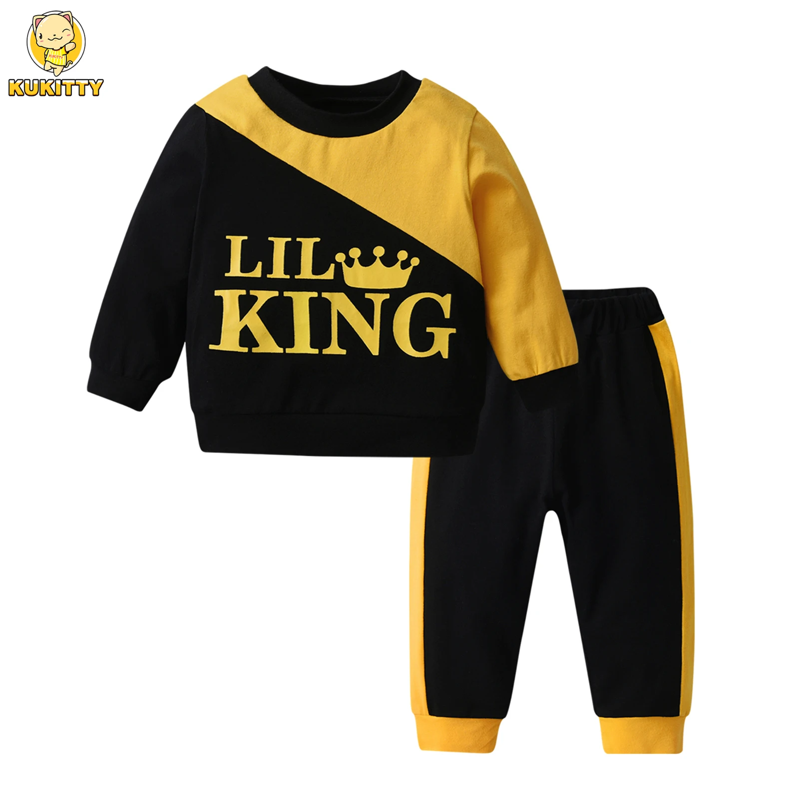 Toddler Baby Boy Fashion Long Sleeve Sport Suit Patchwork Sweatshirt Top with Letters + Pants Outfit Clothes Set for 0 to 2 Yrs