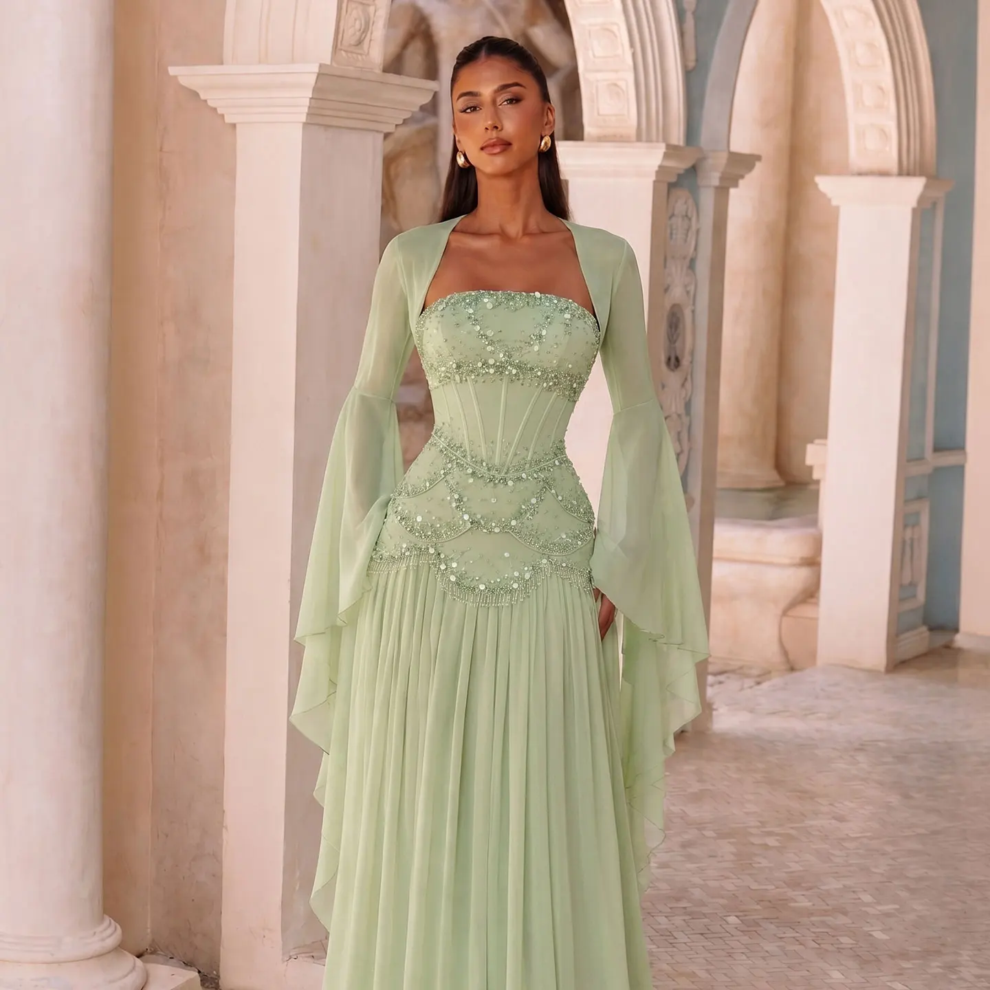 Sharon Said Elegant Sage Green Cape Sleeve Evening Dress Chiffon Tiered Sequined Pearl Formal Party Gown for Women SS286 Custom