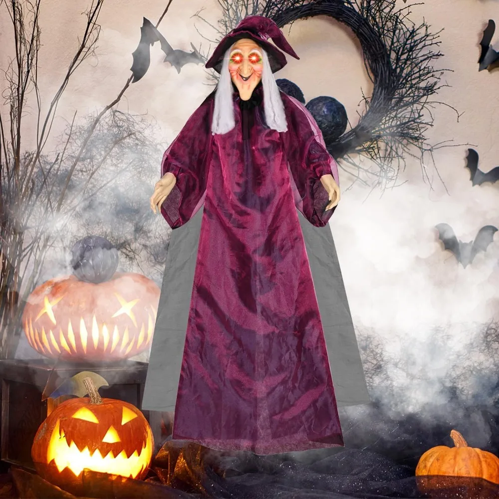 Halloween Life Size Talking Witch Outdoor Purple Spooky Animatronic Witch Sound Activation Decor Prop Red Eye Animated Witch