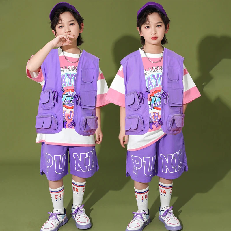 

Children Hip Hop Street Dance Wear For Kids Purple Vest Shorts Suit Girls Rave Clothes Boys Jazz Performance Costumes DQS13262