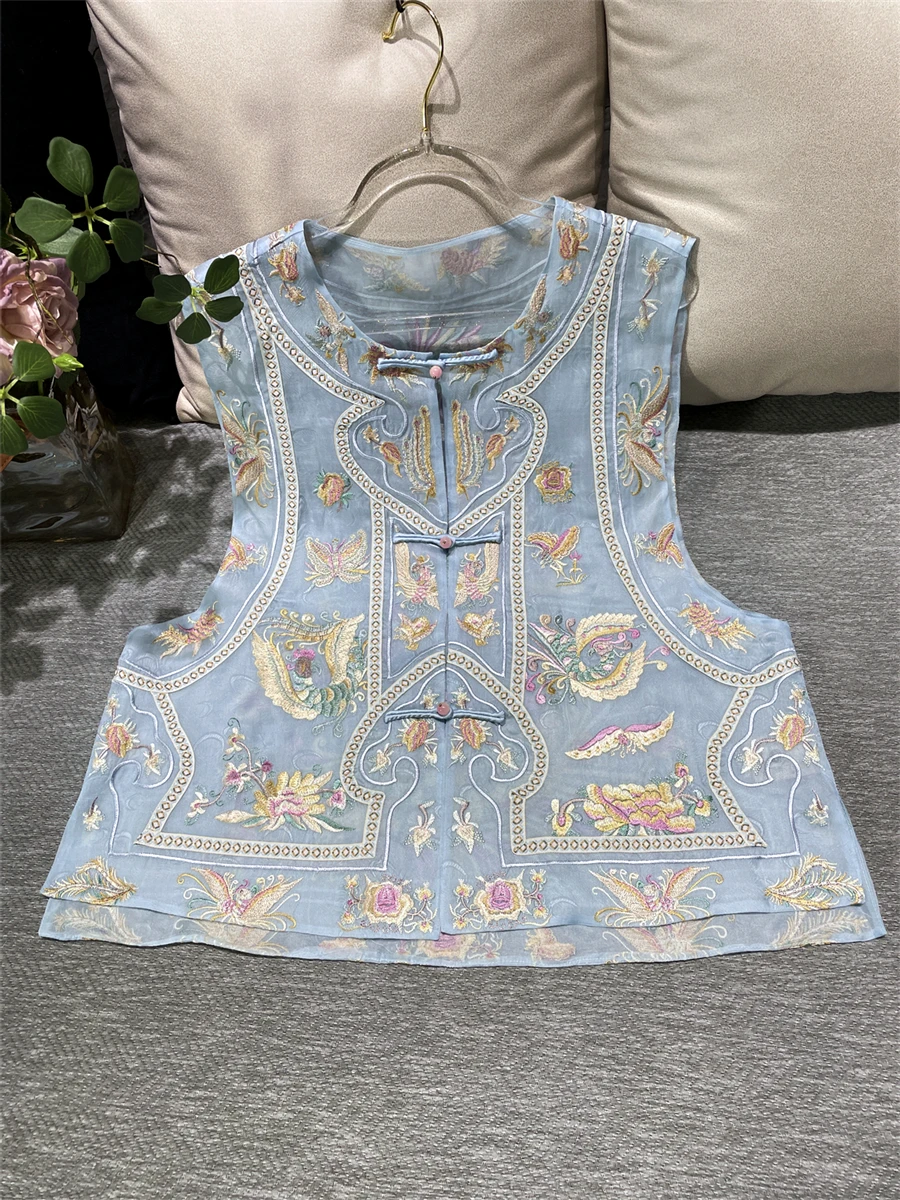 

New Chinese Sle Embroidered European Organza Vest High-End Sensation round Ne Single Button Plant Floral Silk 00%