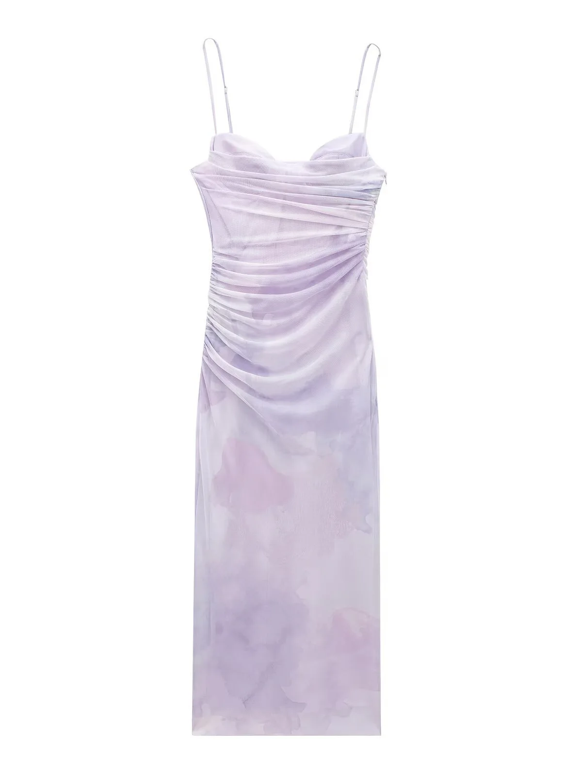 

In The Summer of 2024, The New European and American Style Lavender Pleated Printed Silk Net Slim Sling Dress Was Draped.